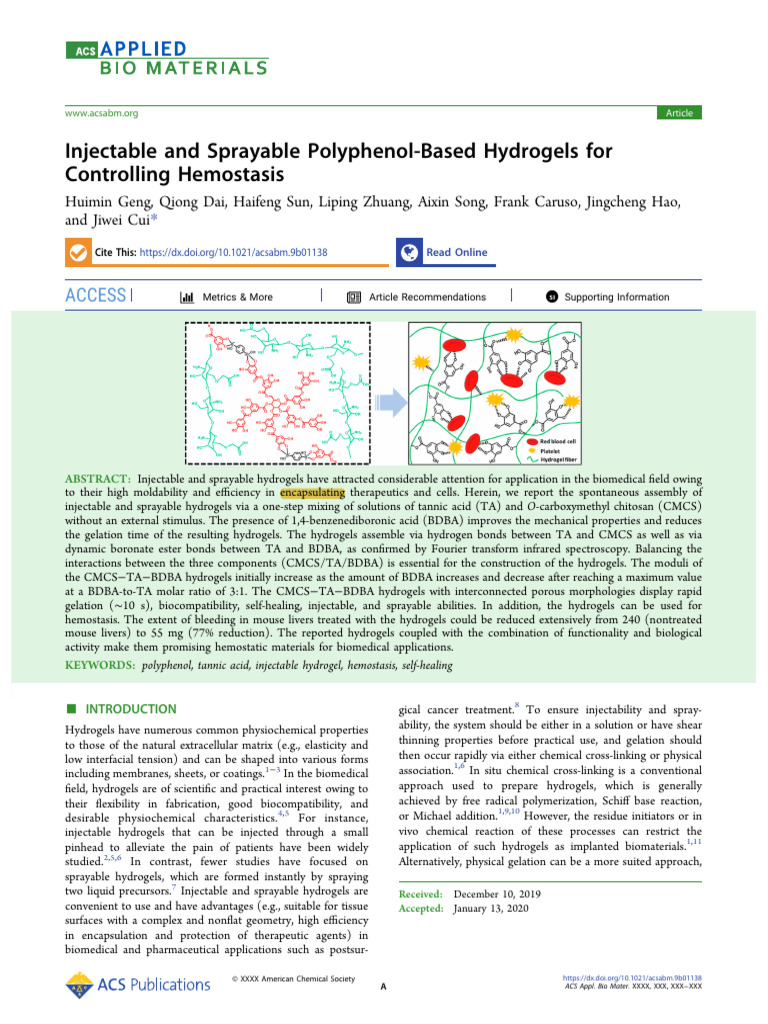 Injectable and Sprayable Polyphenol-Based Hydrogels For Hemostatic | PDF