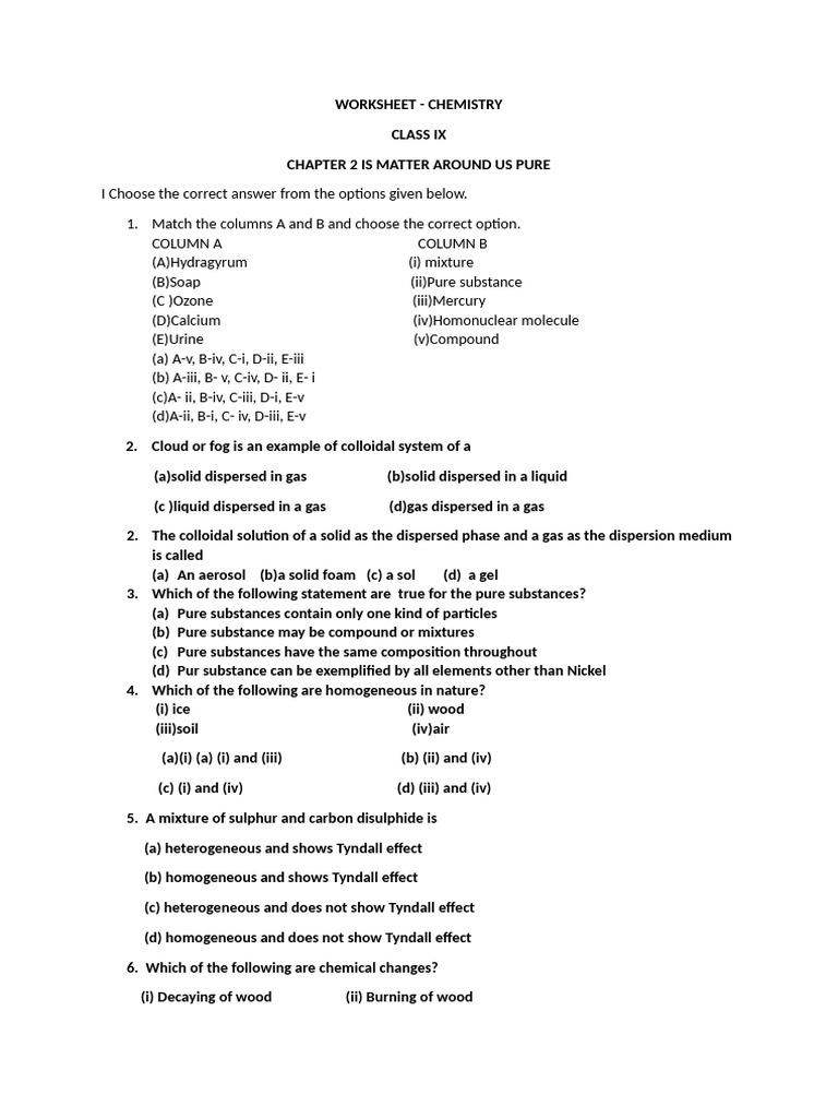 Class IX CH 2 Worksheet | PDF | Mixture | Solubility