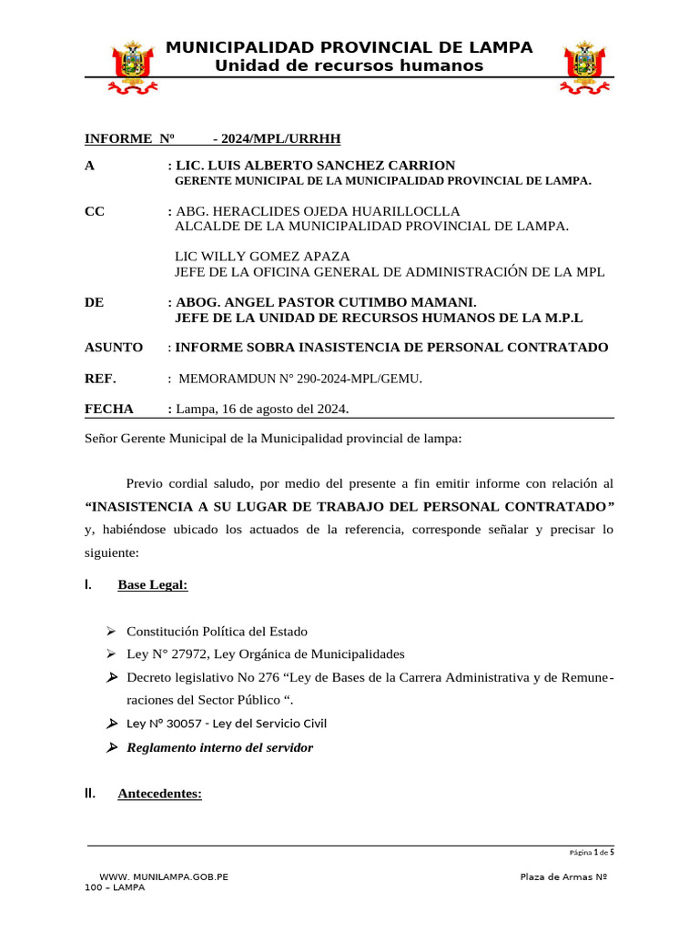 Inasistencia Laboral en MPL: Informe 2024 | PDF | Gobierno local ...