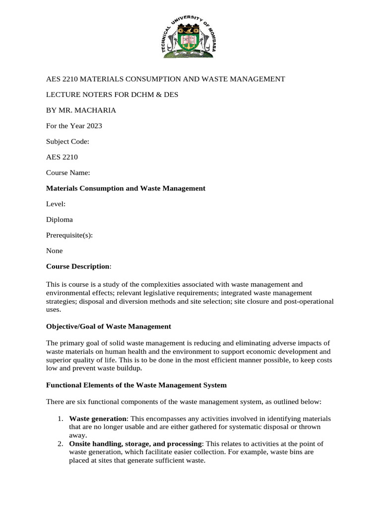Aes 2210 Materials Consumption and Waste Management Odel 2023 | PDF