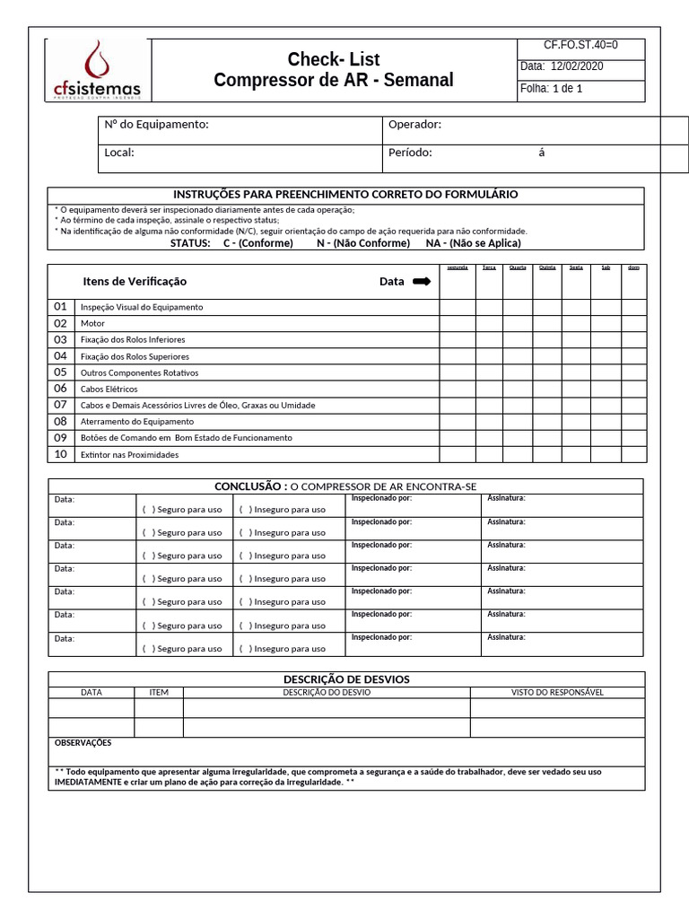 CF - FO.ST.40 0 - Check List - Compressor de Ar | PDF