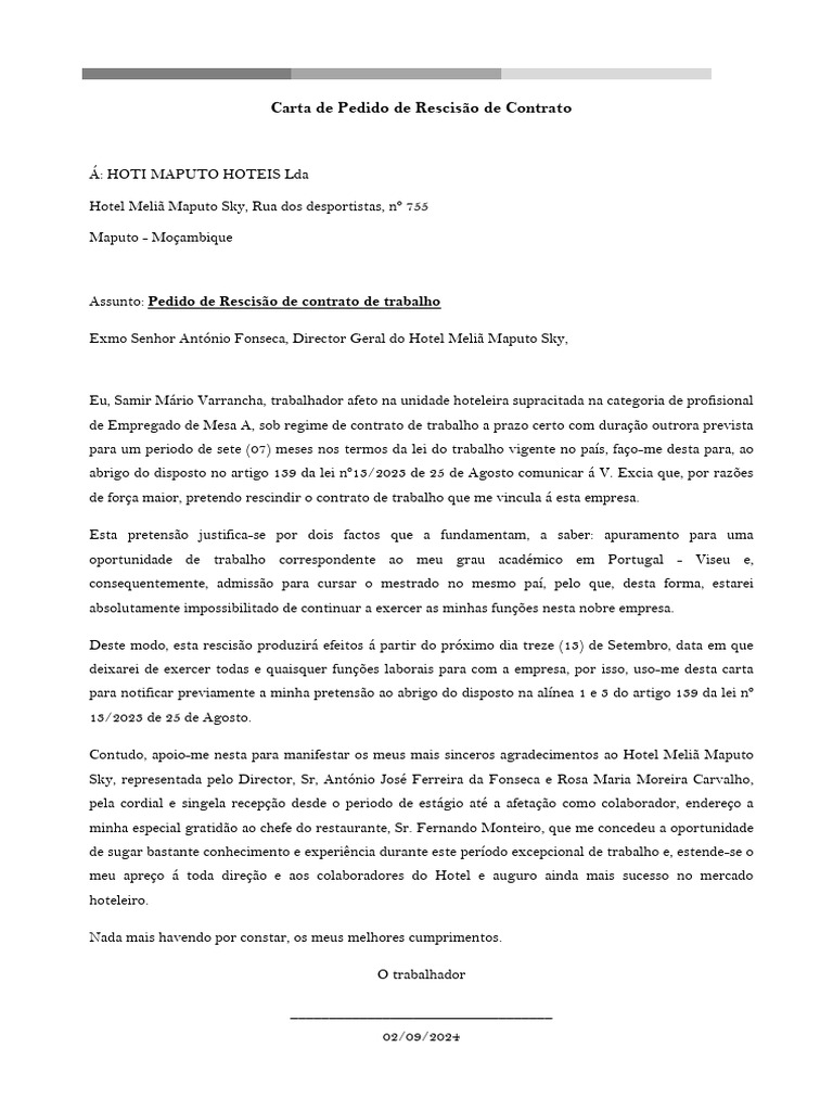 Carta de Rescisao de Contrato - Melia | PDF