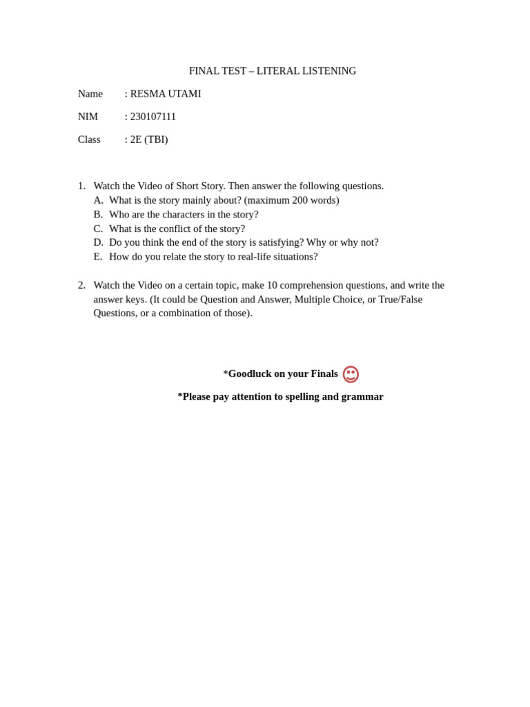 FINAL - TEST - LITERAL - LISTENING (2) Ema | PDF