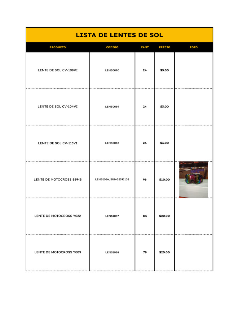 Lentes de Sol - Lista de Precios | PDF