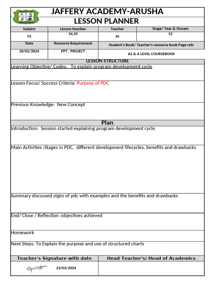YEAR 12 Lesson Plan February 2024 | PDF