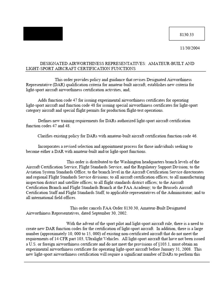 Order 8130-33 | PDF | Federal Aviation Administration | Homebuilt Aircraft