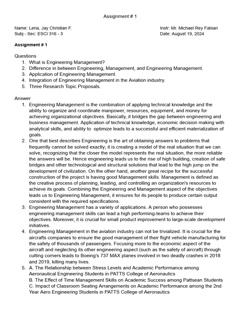 ESCI 316 Engineering Management | PDF | Engineering