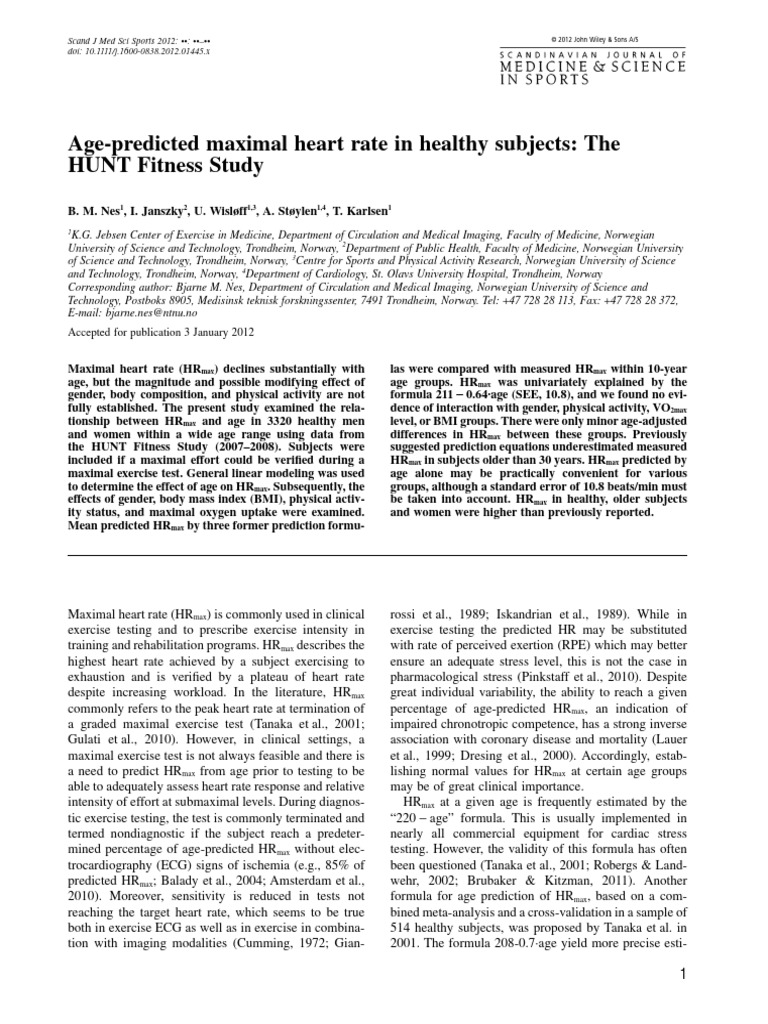 Age-Predicted Maximal Heart Rate in Healthy Subjects The HUNT Fitness ...