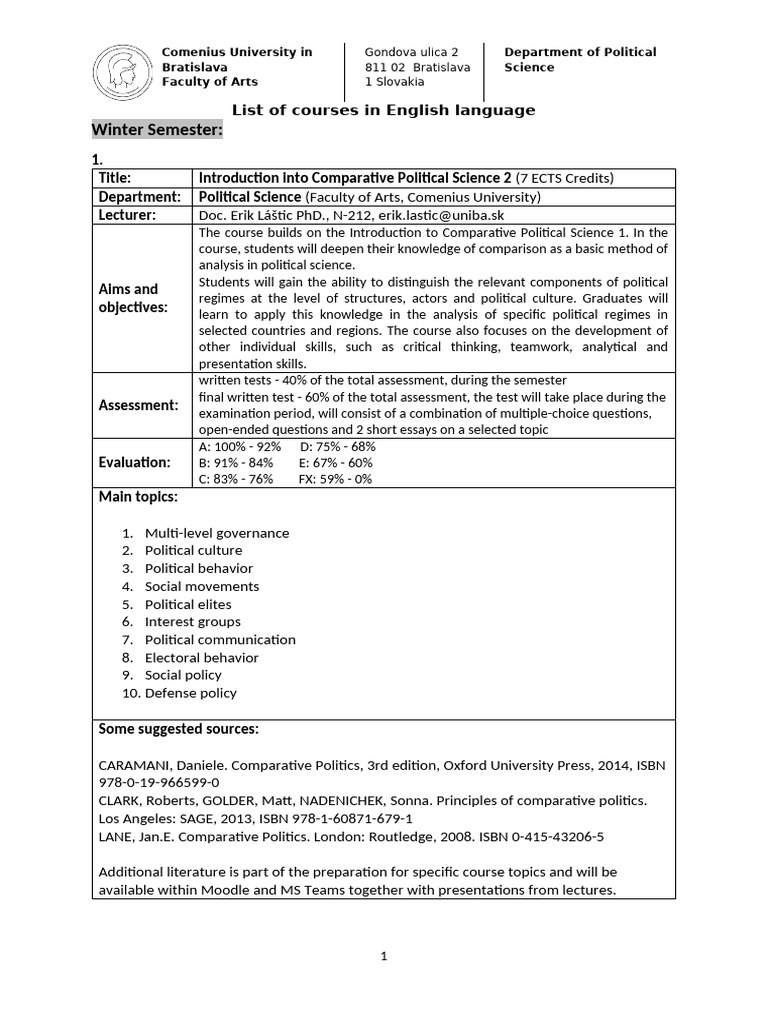 Comenius University Political Science Courses | PDF | Ukraine ...