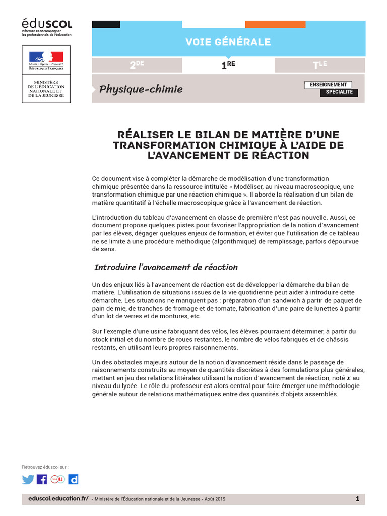 Bilan de matière en transformation chimique | PDF | Stœchiométrie ...