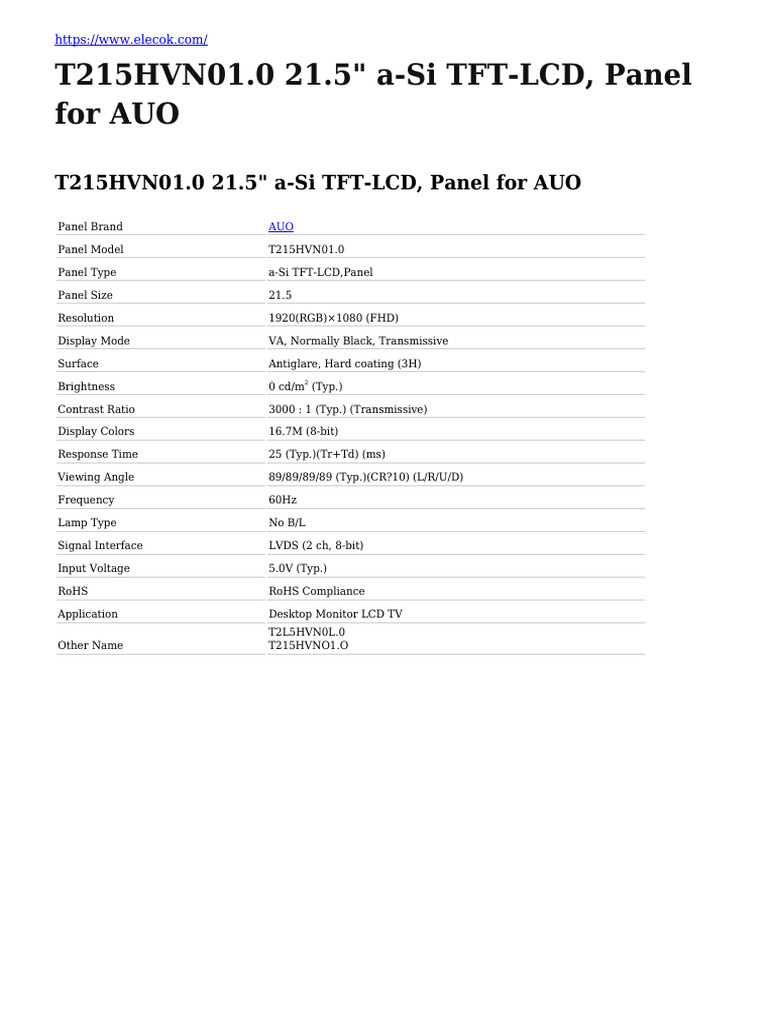 T215HVN01.0 - 21.5 - A-Si - TFT-LCD, - Panel - For - AUO (EN) | PDF