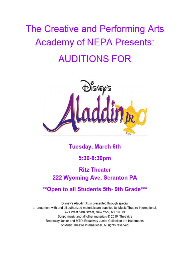 Aladdin Jr. Audition Packet | PDF