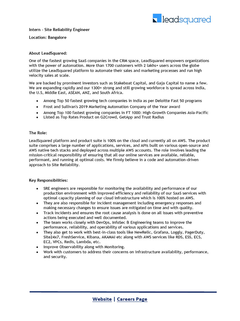 JD - Intern - SRE | PDF