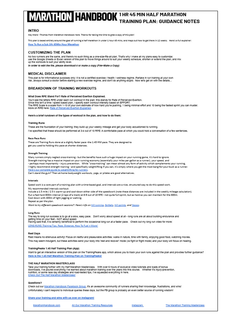 Sub 1hr 45min Half Marathon Training Plan Guidance Notes | PDF
