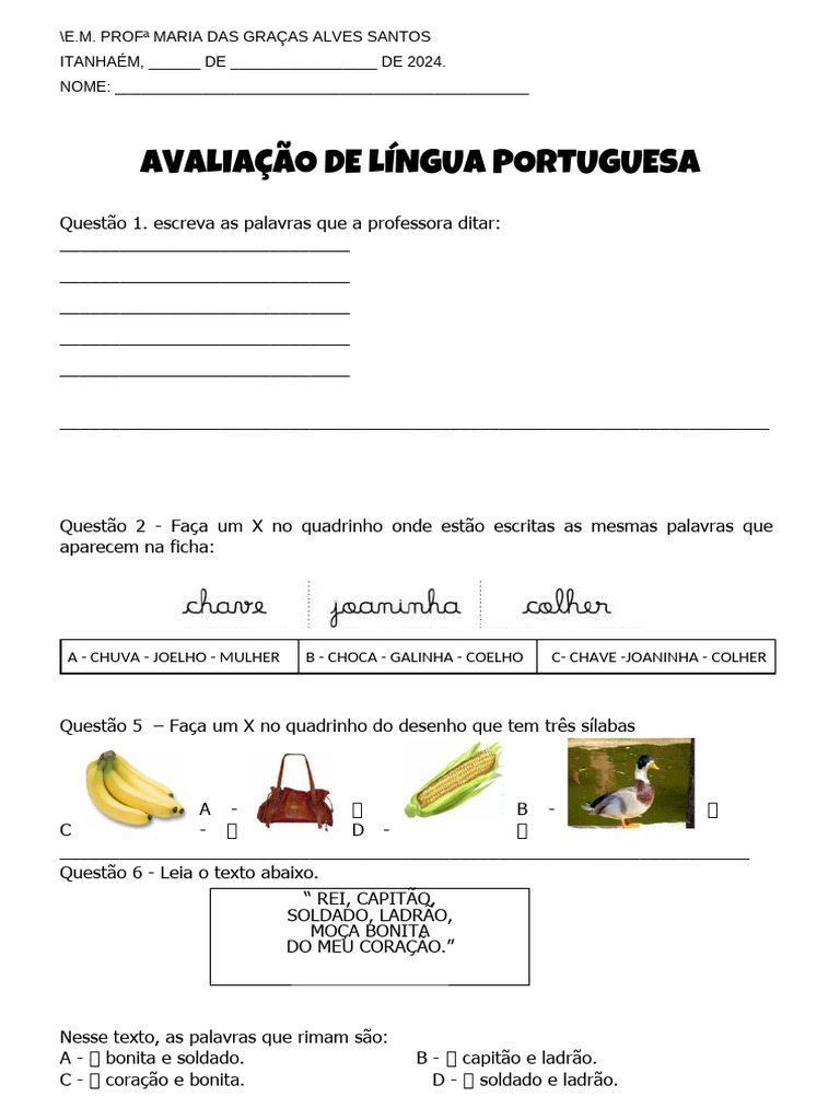 Avaliação de Lingua Portuguesa 3 Ano 2023 | PDF