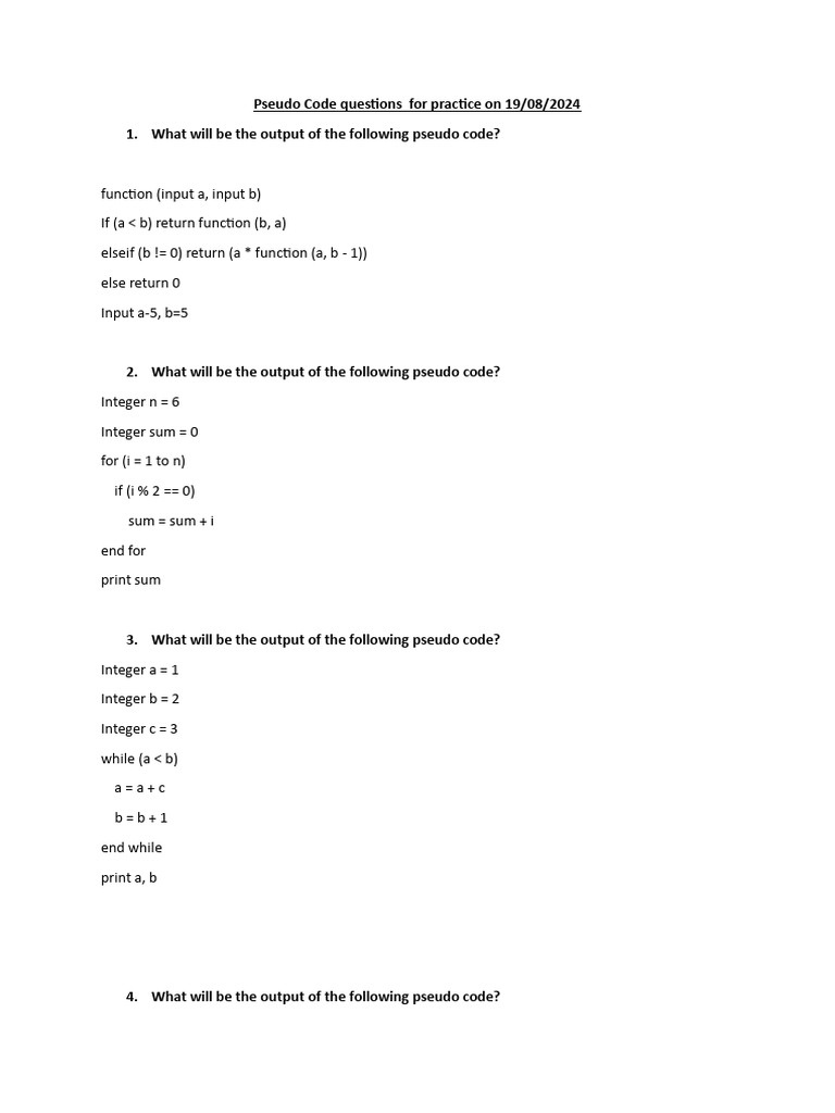 Pseudo Code For Practice On 19 - 08 - 24 | PDF