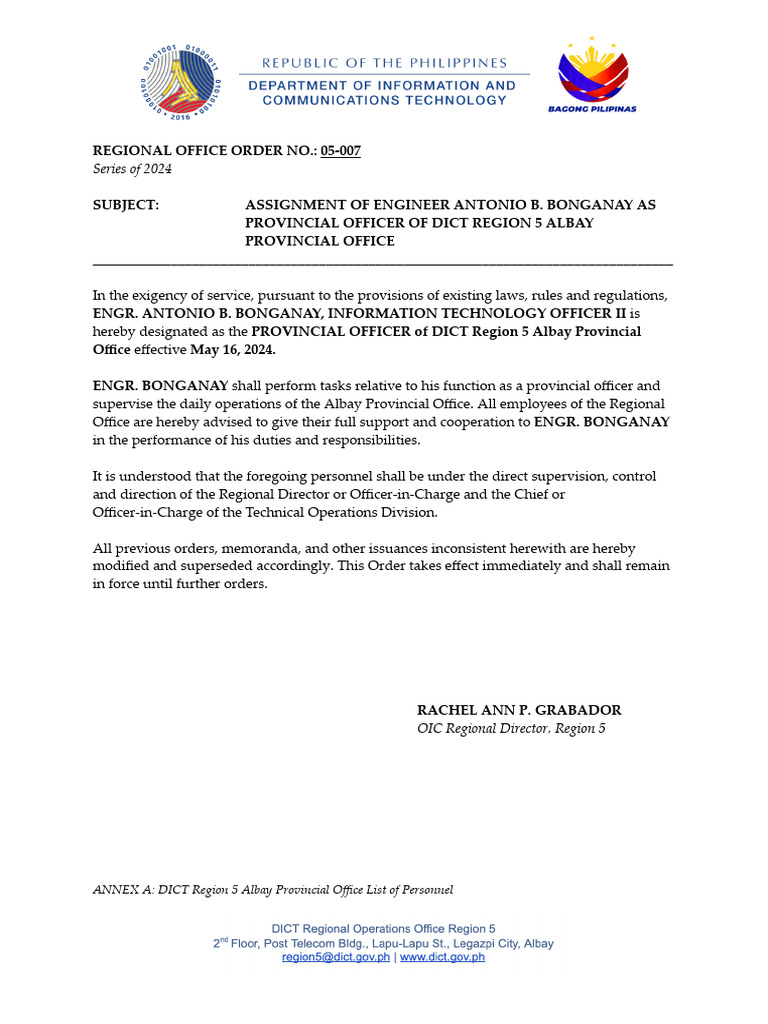 Regional Office Order - 05 - 007 - Assignment of Albay Po | PDF