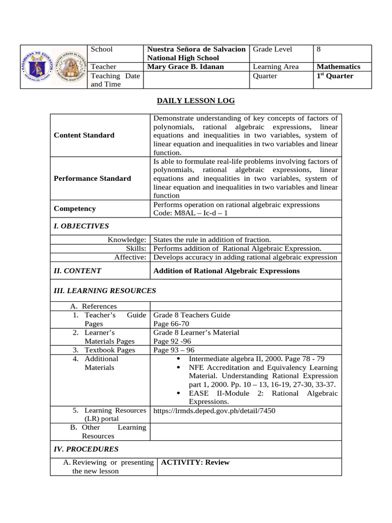 DLL Math 8 D9 | PDF
