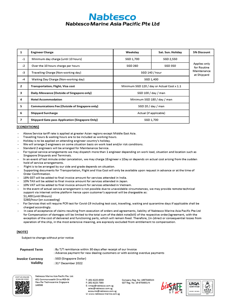 2022 Service Tariff for Marine Engineering | PDF | Invoice | Value ...