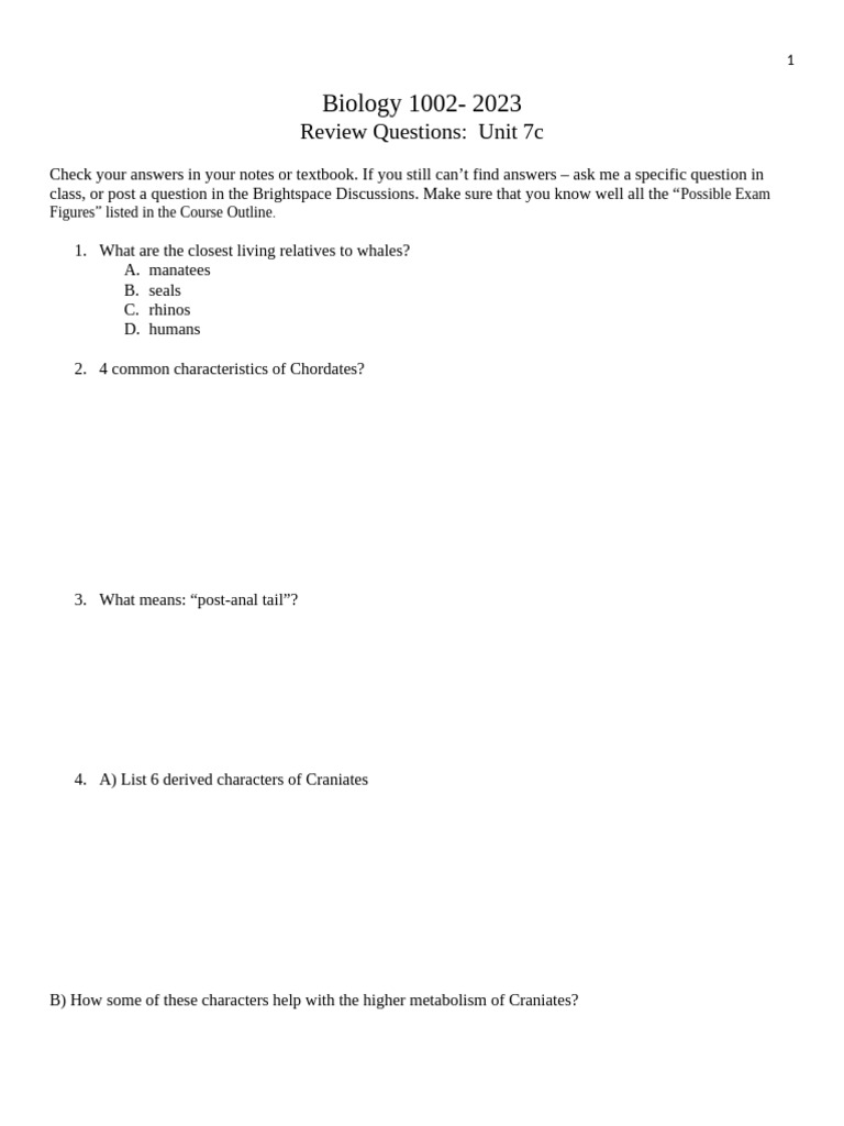 Biol1002 Unit 7c Review Questions | PDF