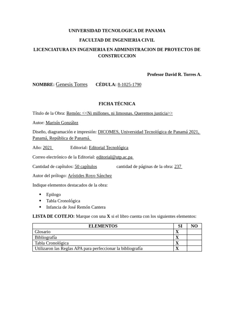 Ficha Tecnica Libro Jose Remon Cantera Genesis Torres | PDF