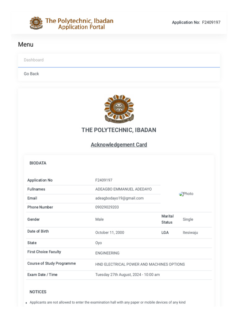 Poly Ibadan Acknowledgement Card | PDF