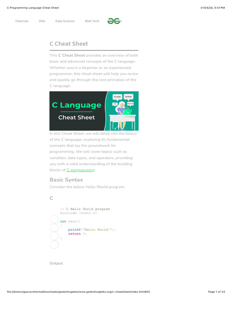 C Programming Language Cheat Sheet | PDF
