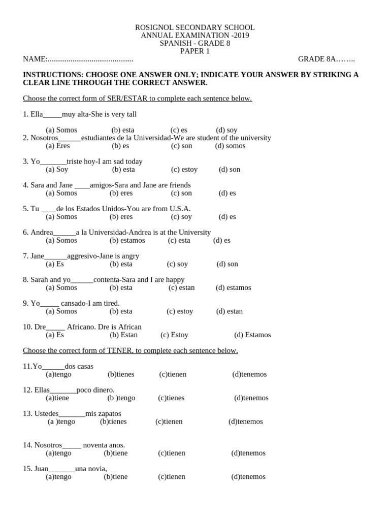 Miss Hollingsworth Spanish Grade 8 Test 2019 | PDF