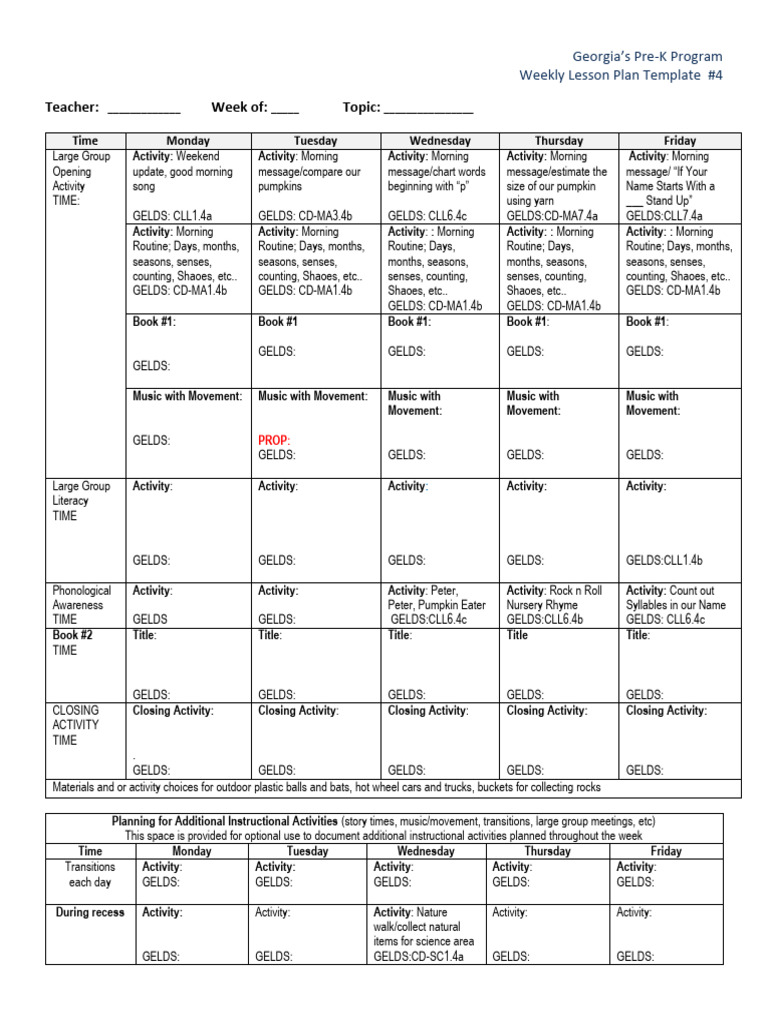Ga Prek Lesson Plan - Template 1 | PDF
