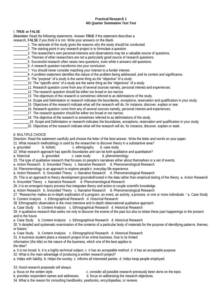 Quarter 2 Practical Research 1 Summative Test | PDF | Ethnography ...