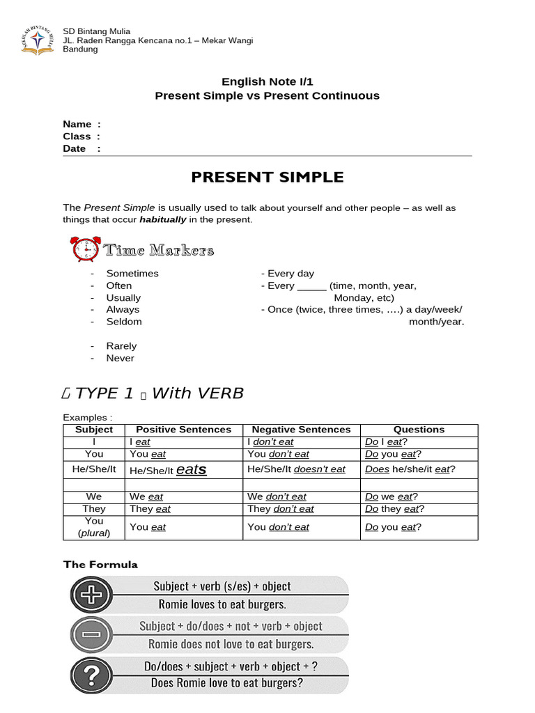 Note Present Simple Vs Present Continuous | PDF
