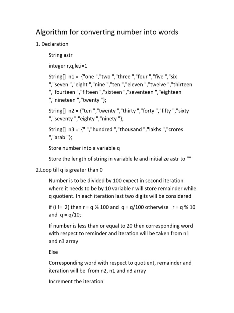 Algorithm for Converting Number Into Words | PDF