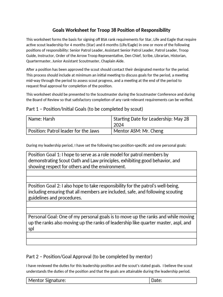 Goals Worksheet For Troop 38 Position of Responsibility-Part1 | PDF