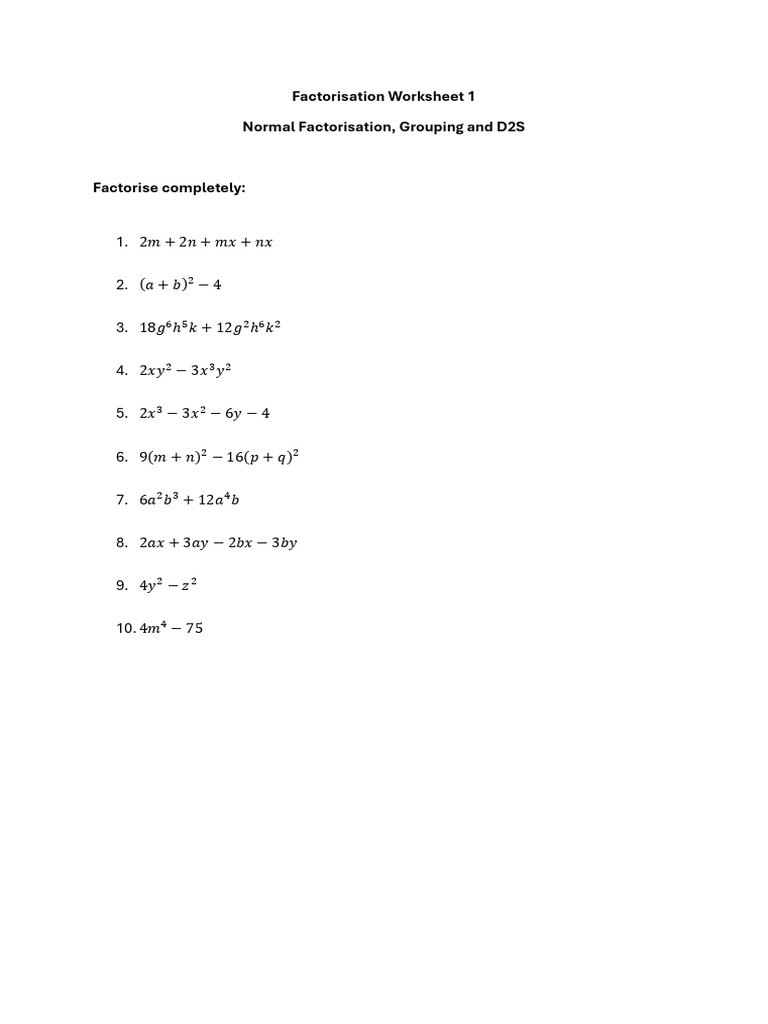 Factorisation Worksheet 1 PDF