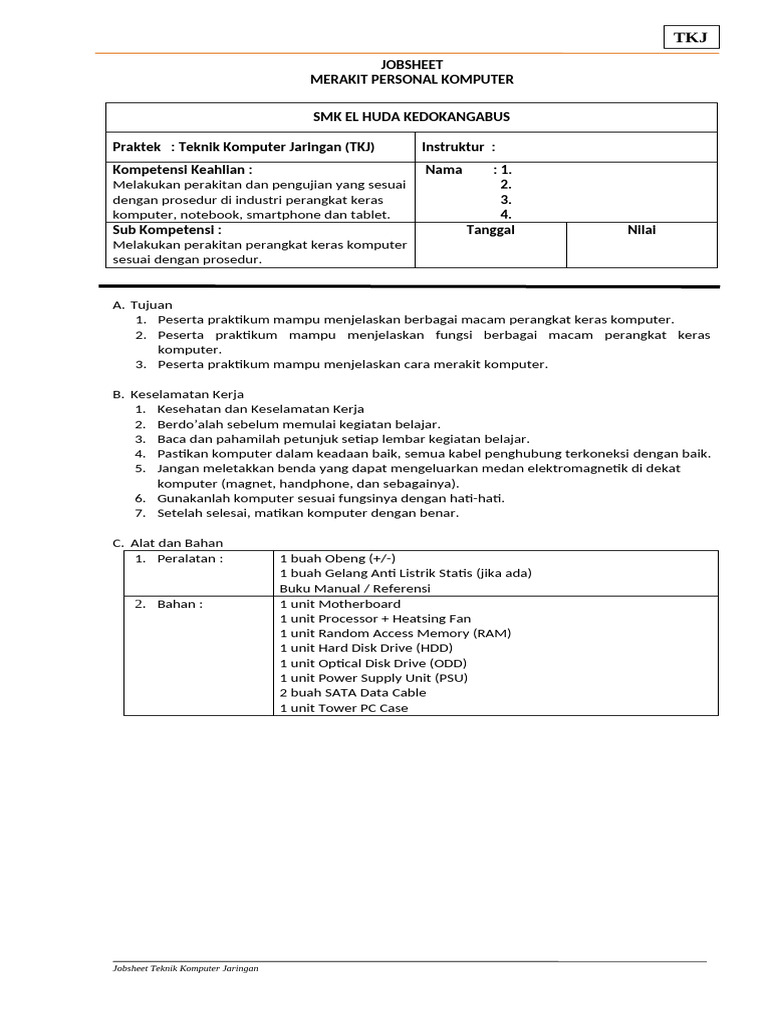 Job Sheet Merakit PC | PDF