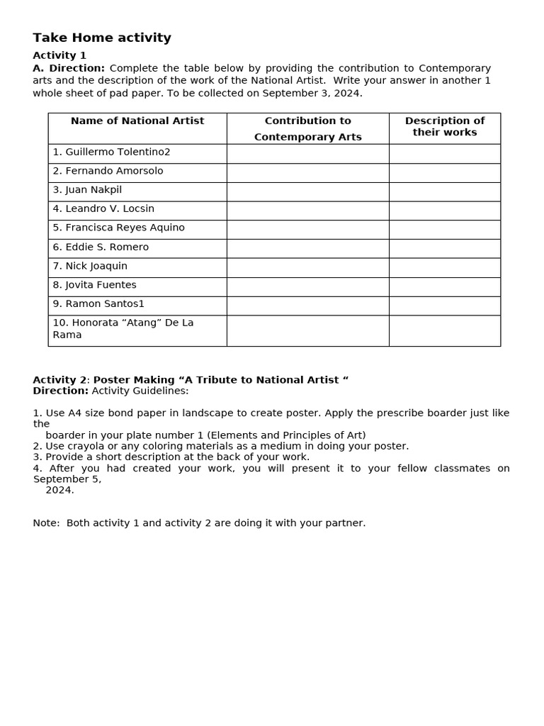 Take Home Activity | PDF