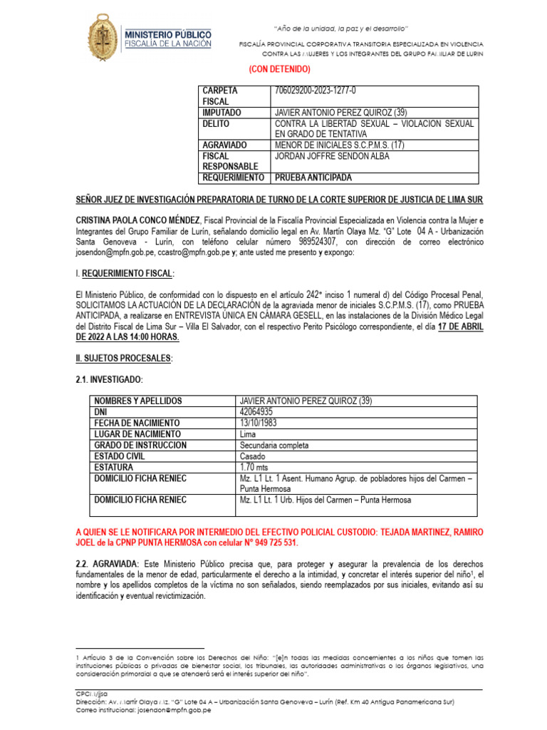 1277-2023 Requerimiento de Prueba Anticipada - C Santiago Castro Alva | PDF