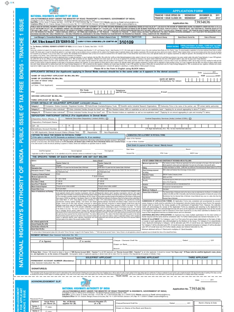 NHAI Tax Free Bond Application Form PDF Bonds (Finance