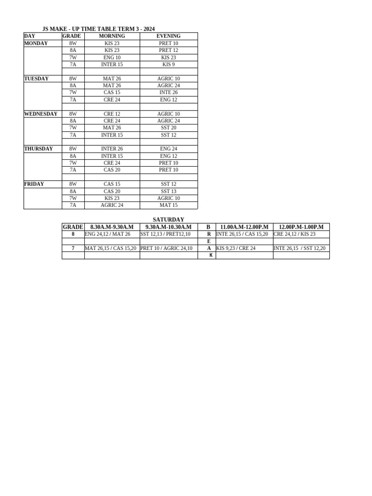 Js Remidial Time Table t3 2024 New | PDF