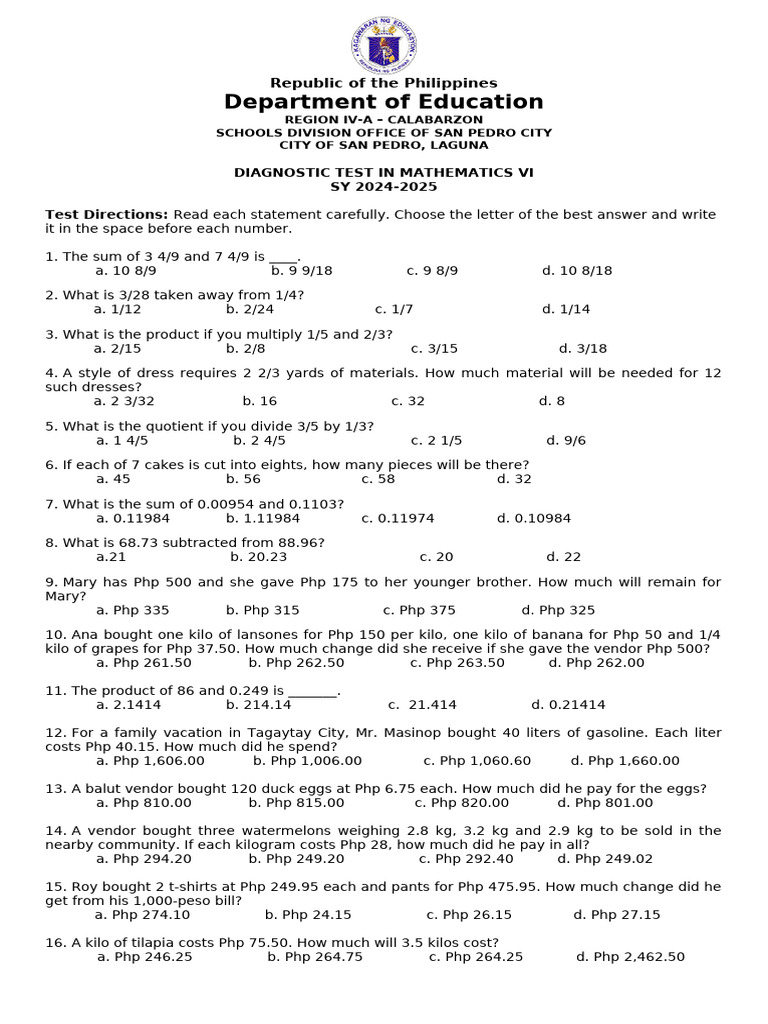 Diagnostic Test - Grade 6 Mathematics | PDF | Area | Sequence