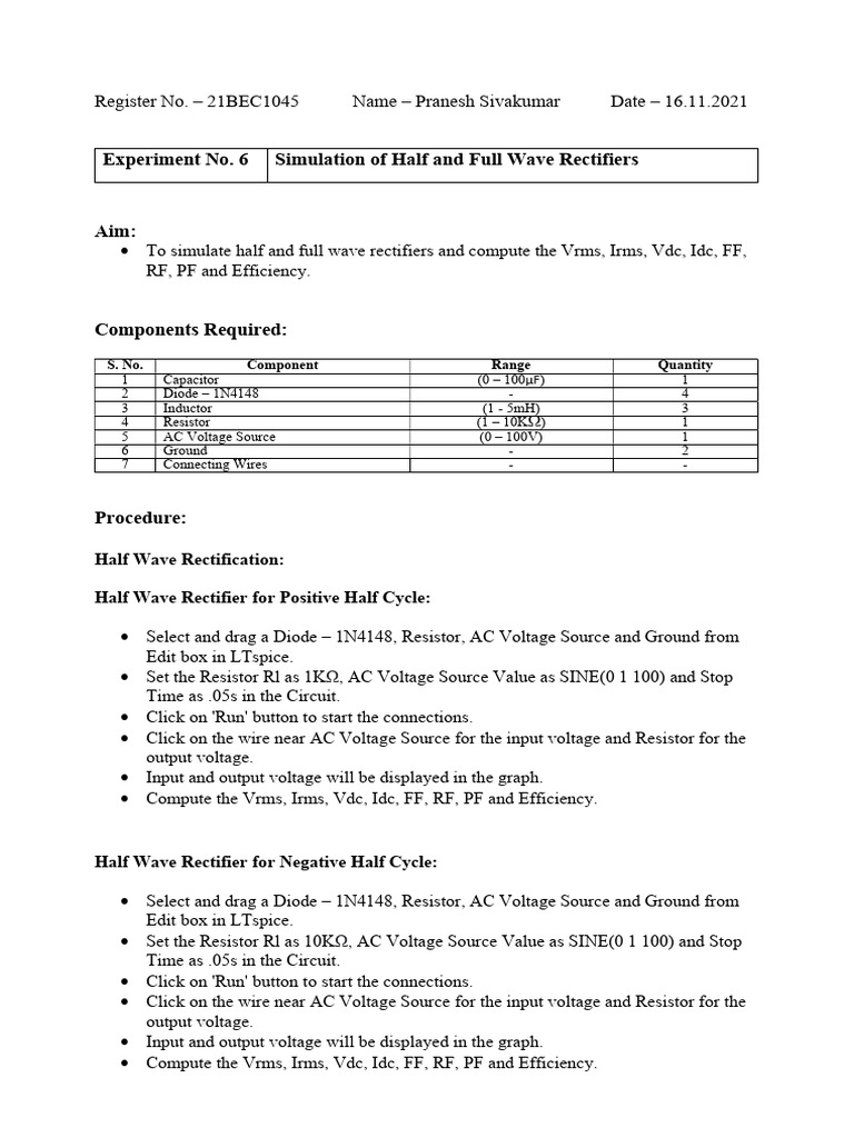 Simulation of Half and Full Wave Rectifiers | PDF