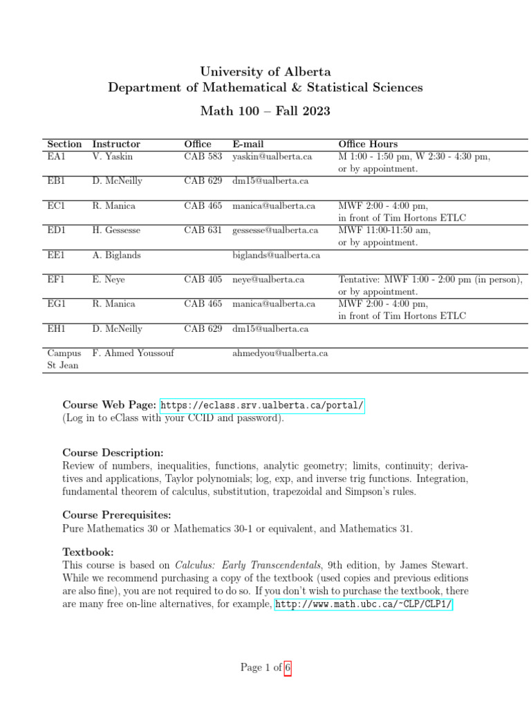 MATH 100 Syllabus | PDF