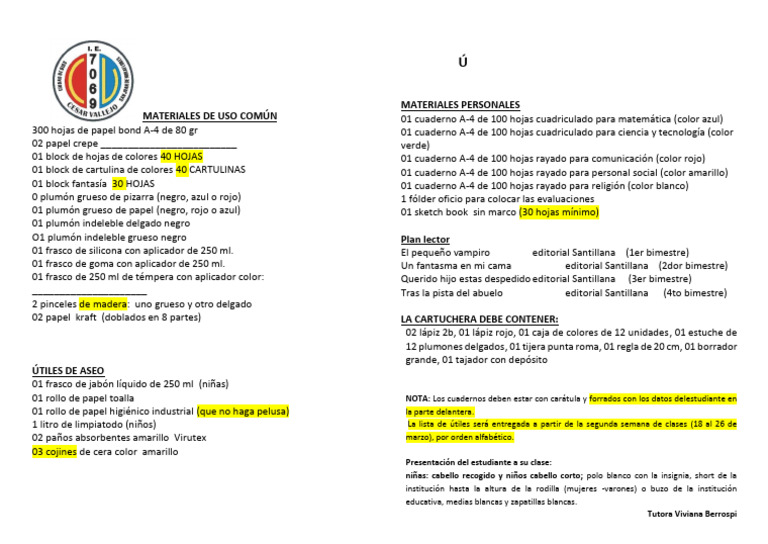Lista de Utiles 2024 | PDF | Papelería | Materiales de impresión