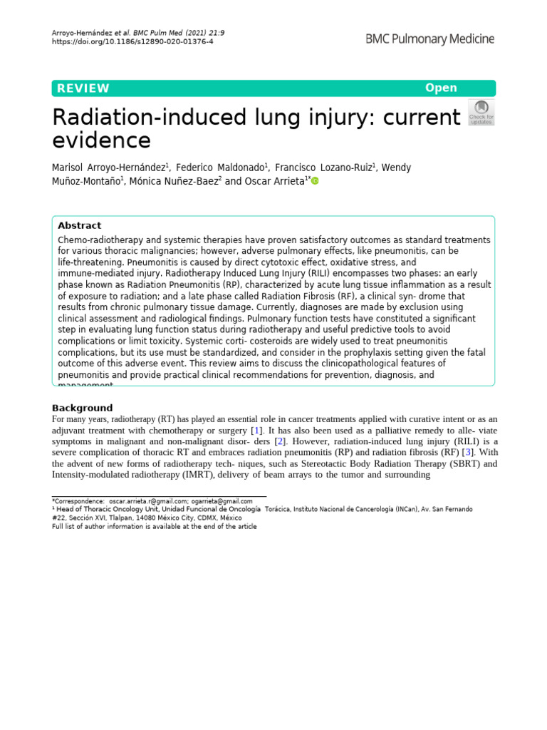 Radiation Induced Lung Injury - Current Evidence | PDF