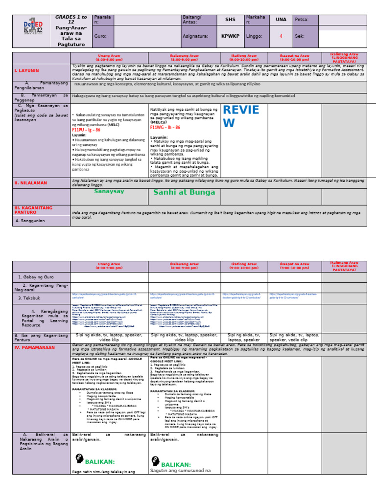 SHS Teaching Plan for KPWKP Week 4 | PDF | Languages | Foreign Language ...