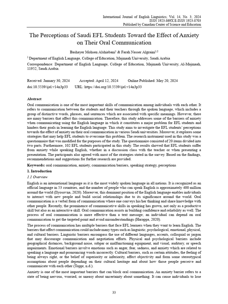The Perceptions of Saudi EFL Students Toward The Effect of Anxiety On ...