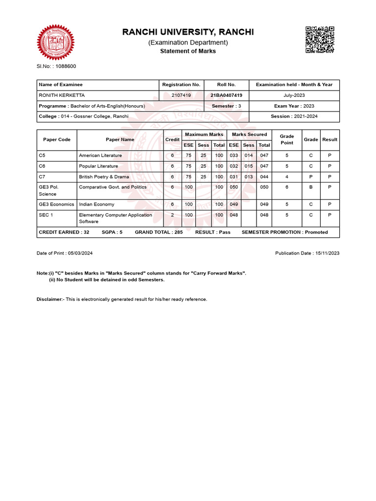 Sem 3 Ru - Result | PDF