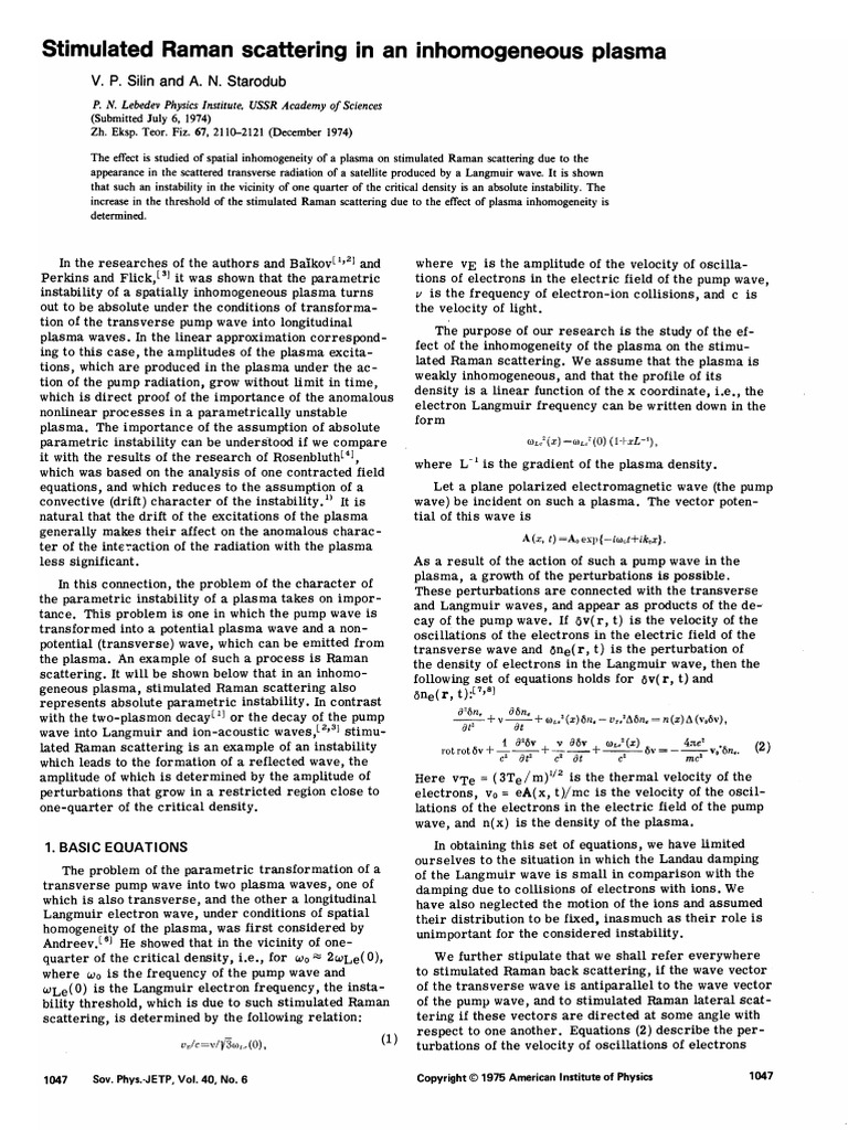 Stimulated Raman Scattering in An Inhomogeneous Plasma | PDF
