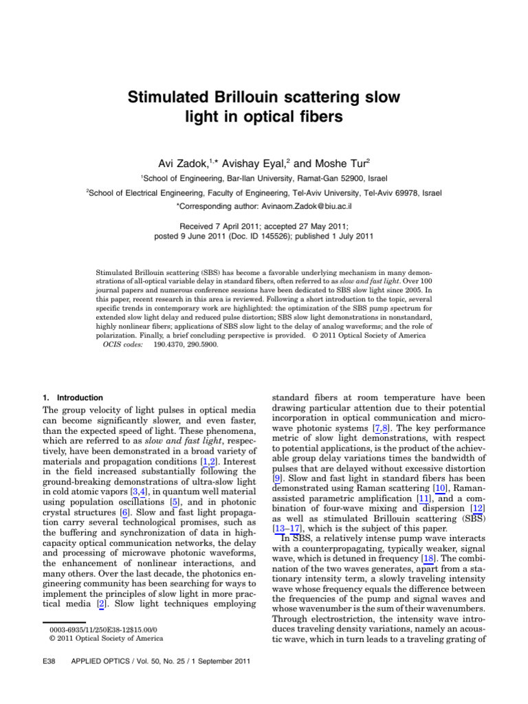 Stimulated Brillouin Scattering Slow Light in Optical Fibers | PDF