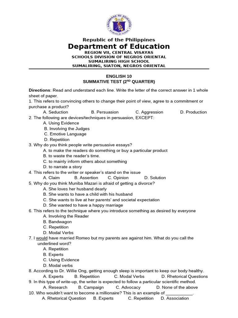 2ND Quarter Summative Test | PDF